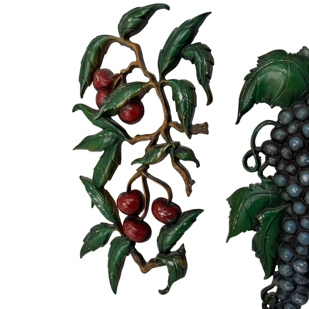 Vintage Sexton Metal Fruit Wall Plaques Grapes & Cherries Mid Century Wall Art‎